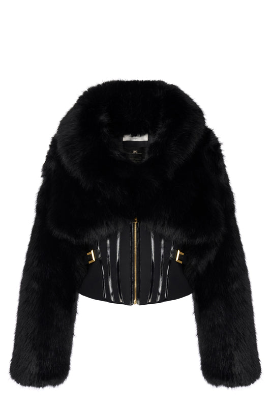 Jacket with fur effect and double-layer crêpe fabric