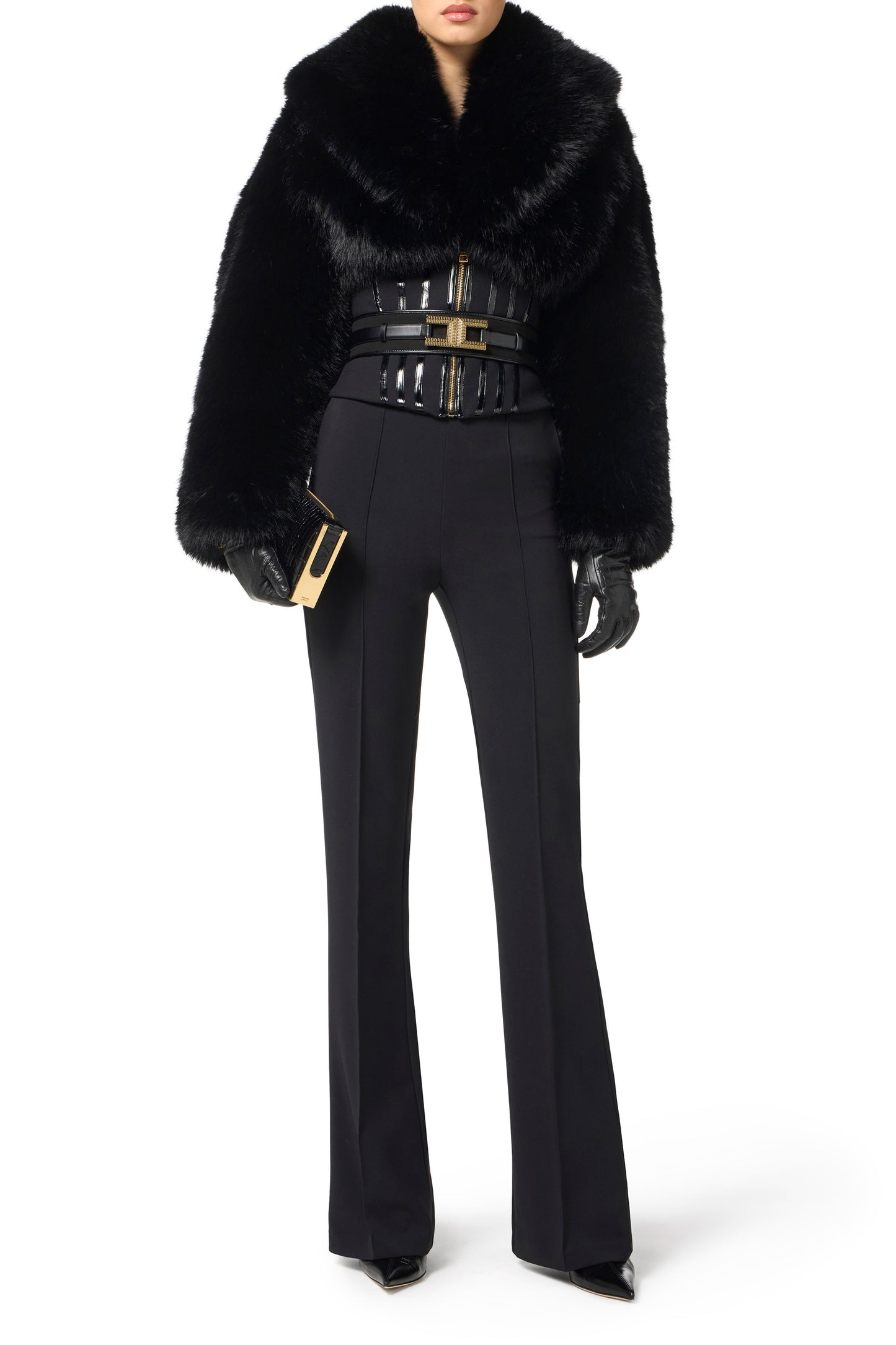 Jacket with fur effect and double-layer crêpe fabric