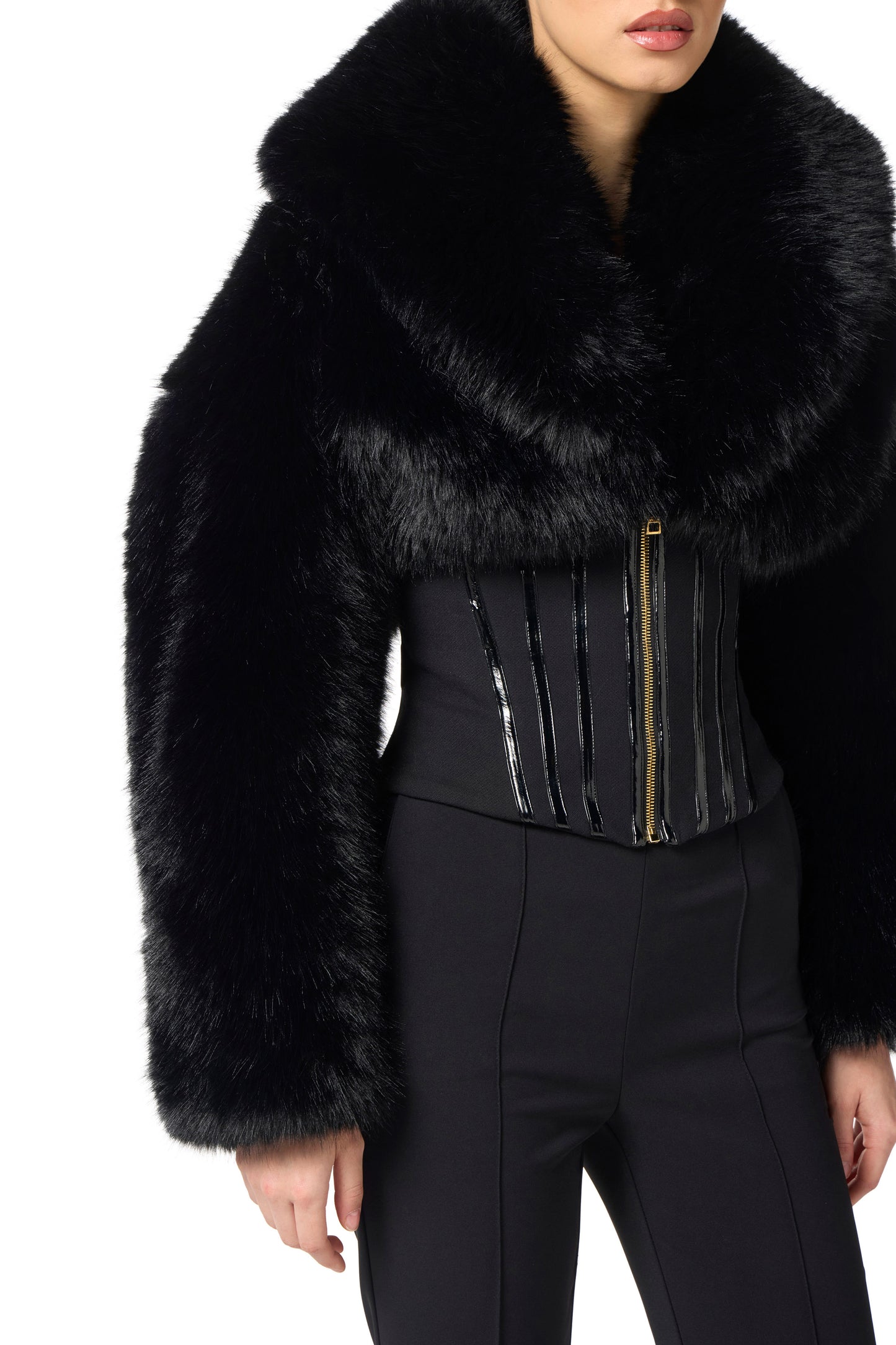 Jacket with fur effect and double-layer crêpe fabric