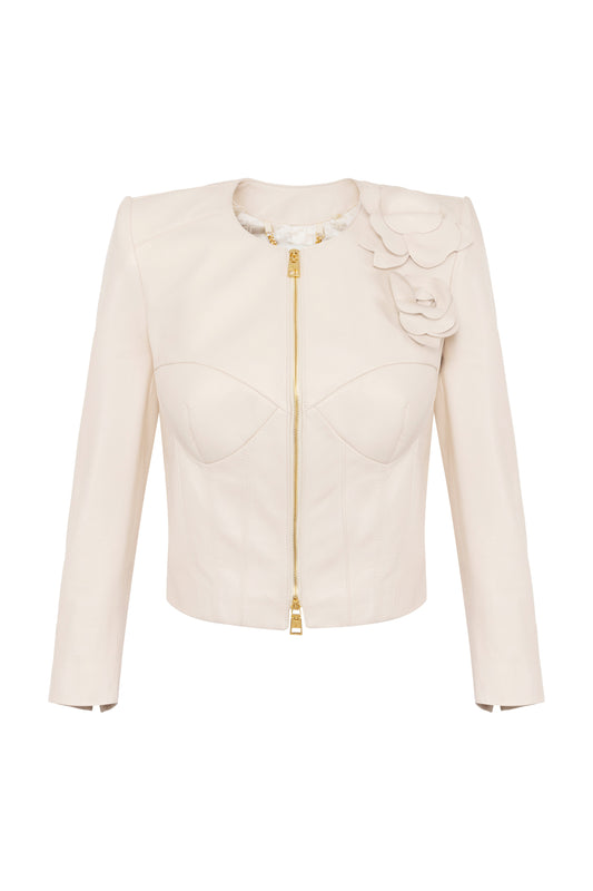 Leather jacket with flower appliqués