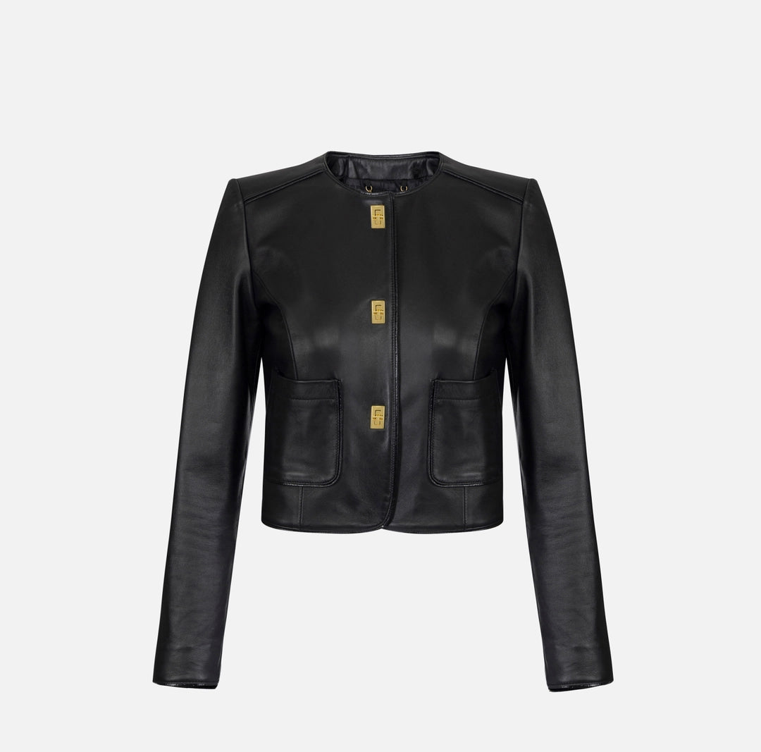 Leather jacket with vinyl details