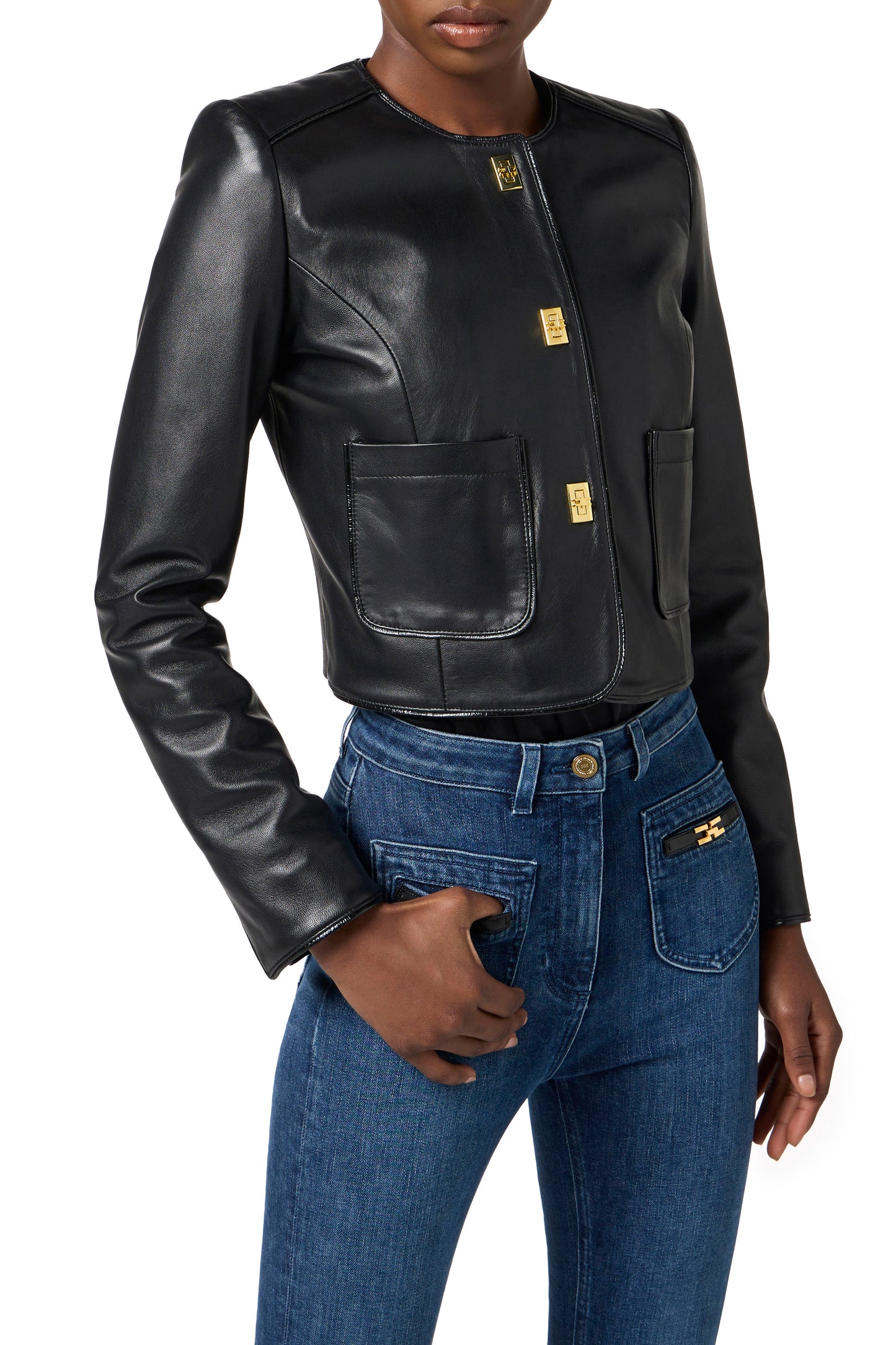 Leather jacket with vinyl details