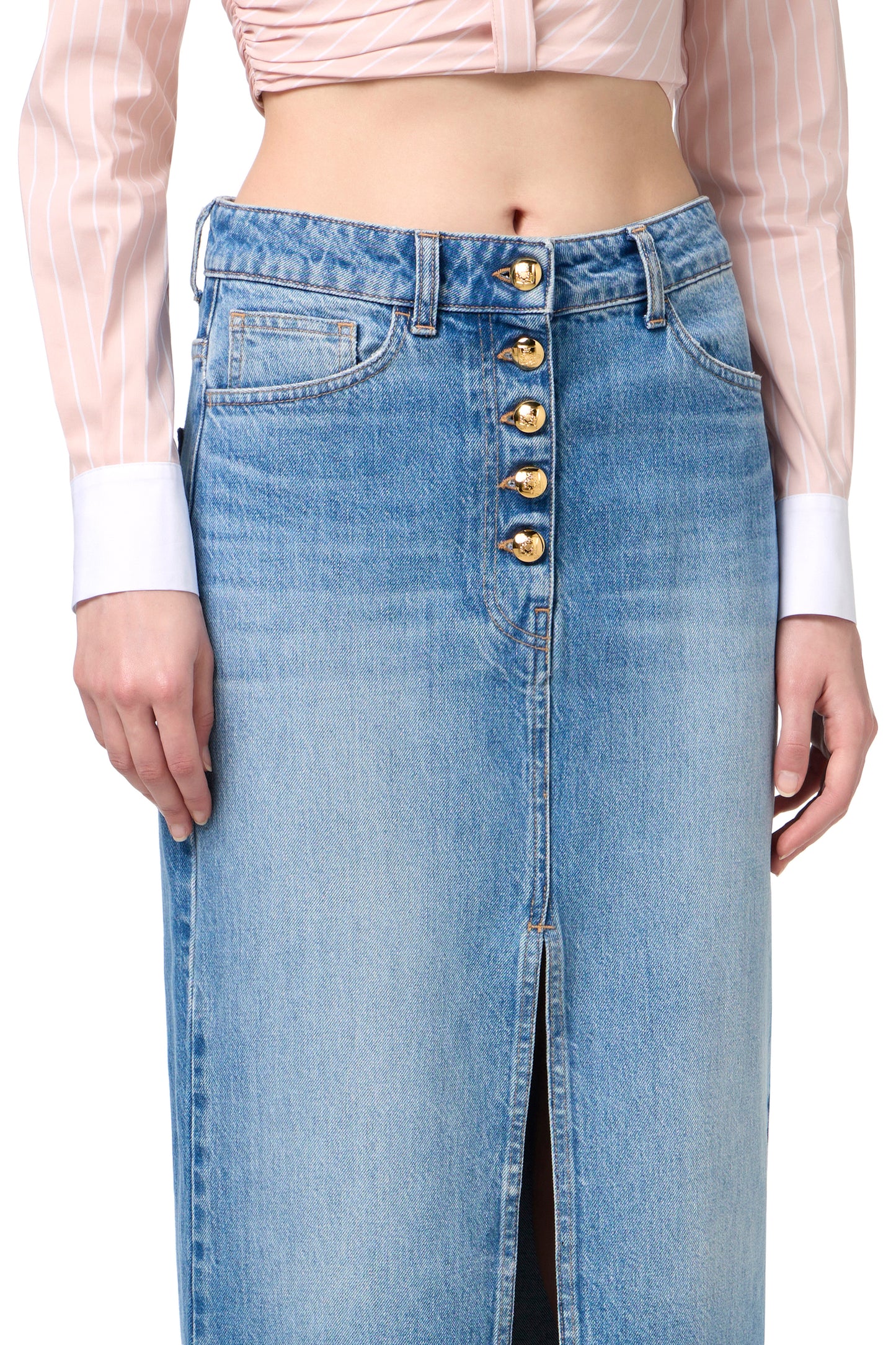 Long denim skirt with slit