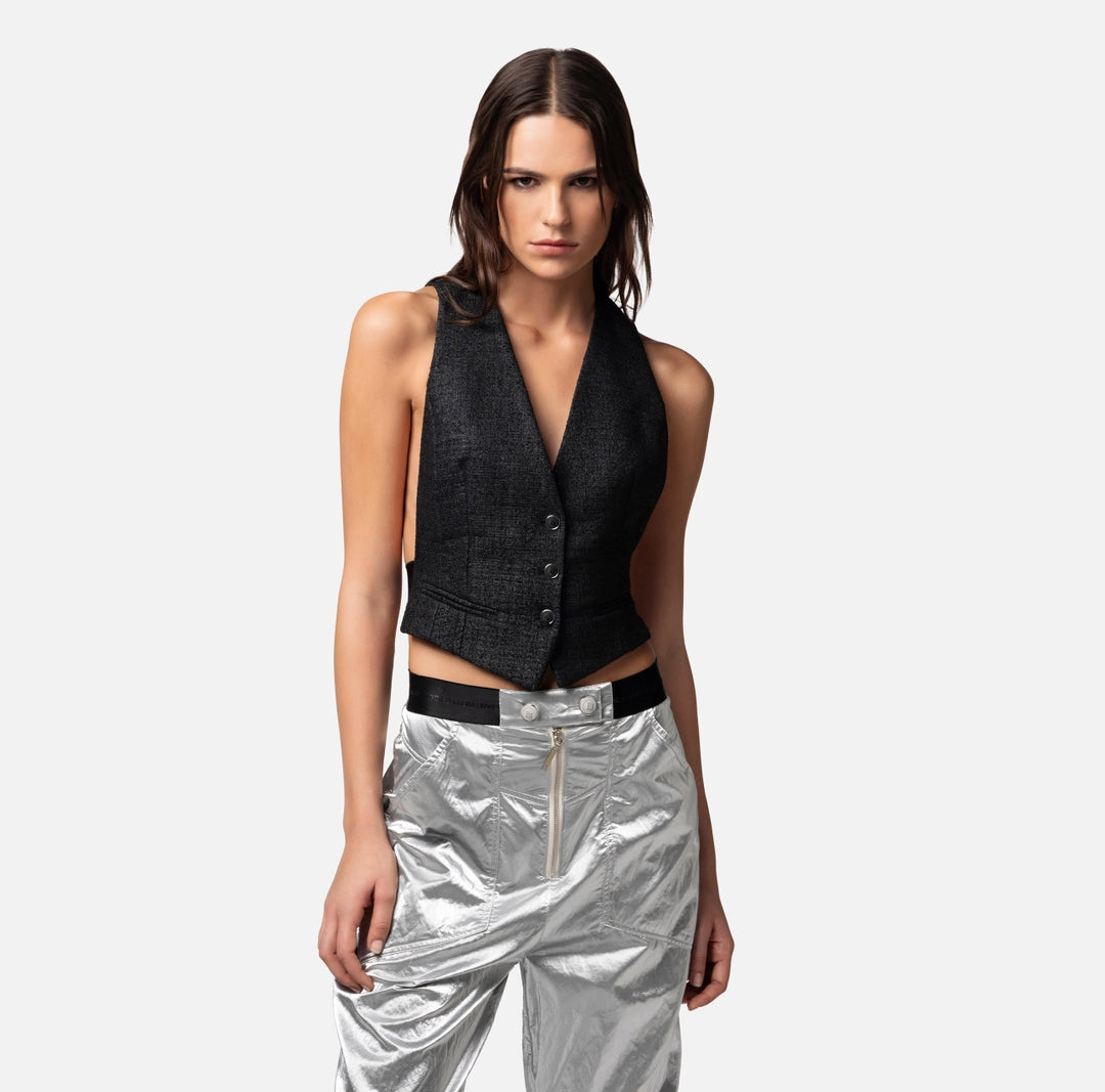 Laminated tweed waistcoat