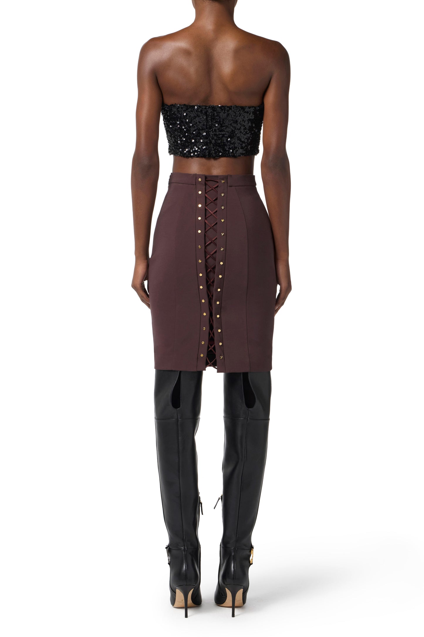 Skirt in bi-elastic fabric with criss-cross laces