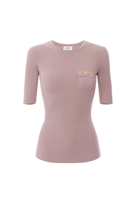 Ribbed knit top with breast pocket