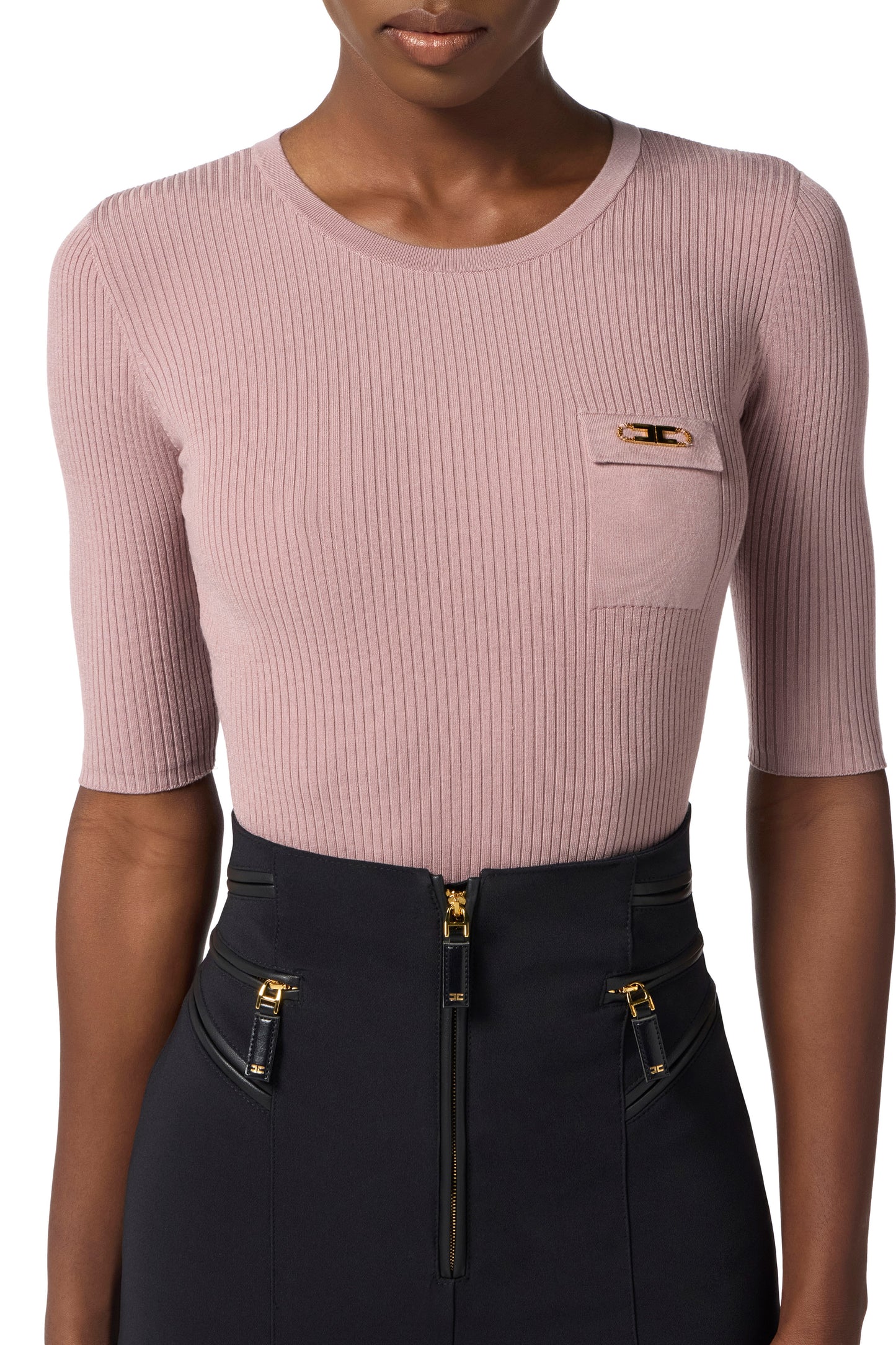 Ribbed knit top with breast pocket