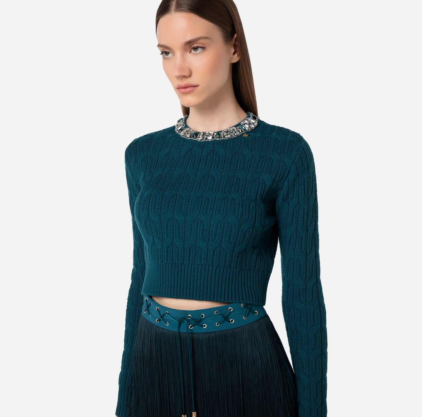 Wool top with embroidered collar