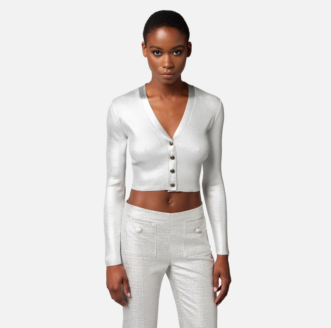 Cropped cardigan in laminated viscose fabric