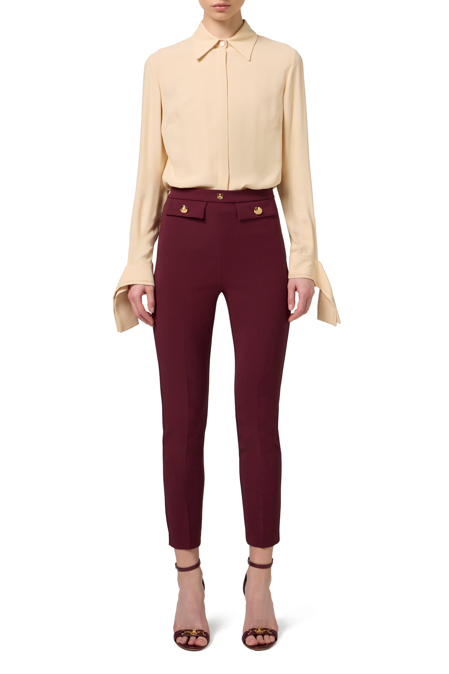 Straight trousers in stretch crêpe fabric with logo rivet