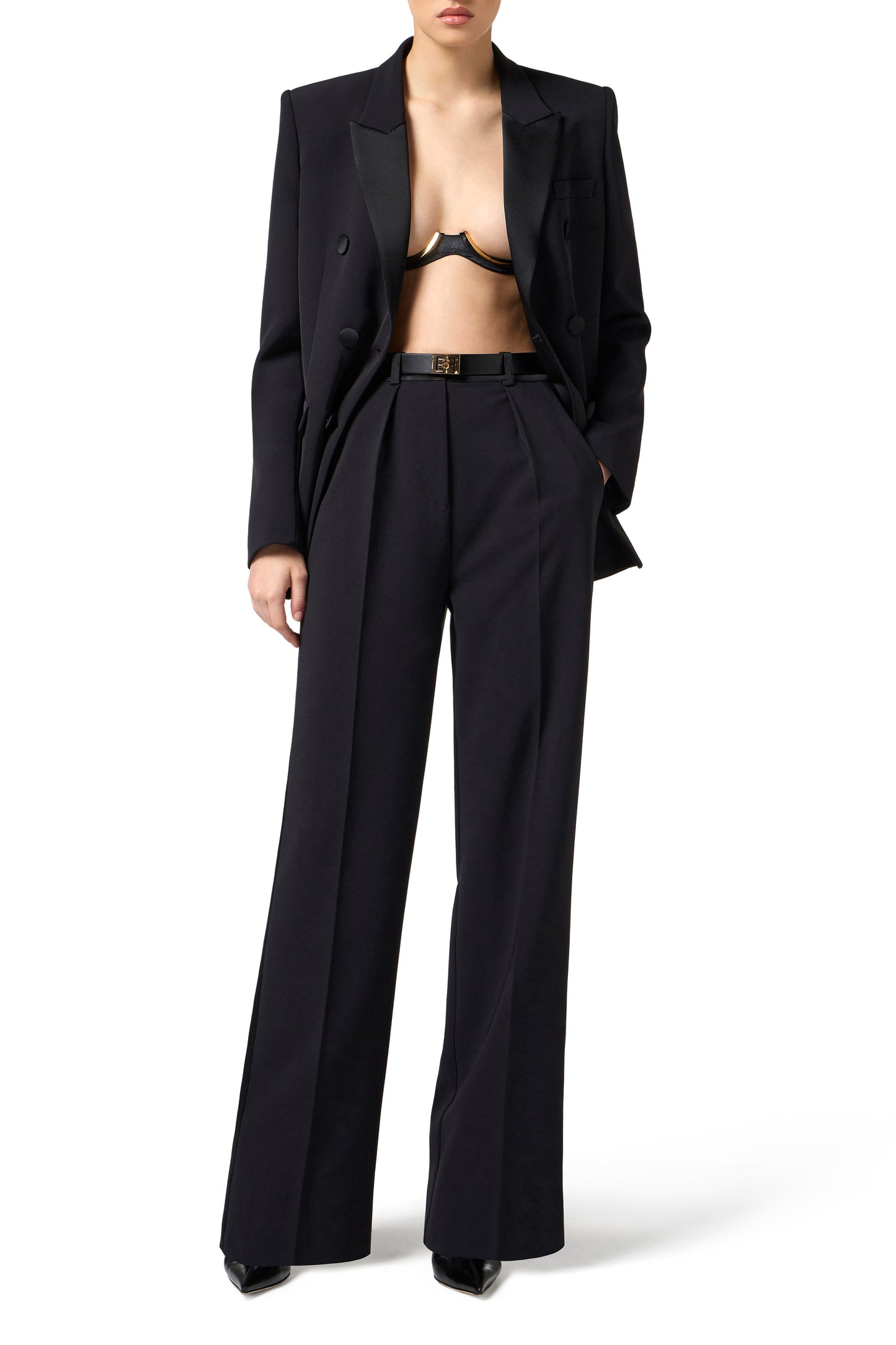 Trousers in lightweight crêpe fabric with tuxedo details