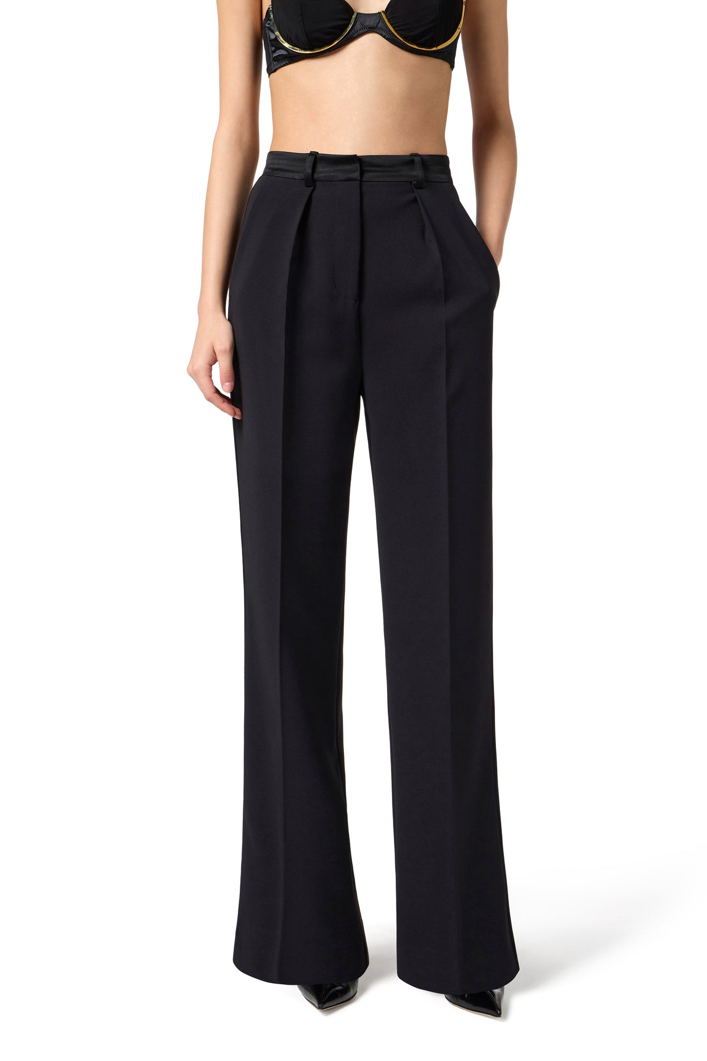 Trousers in lightweight crêpe fabric with tuxedo details