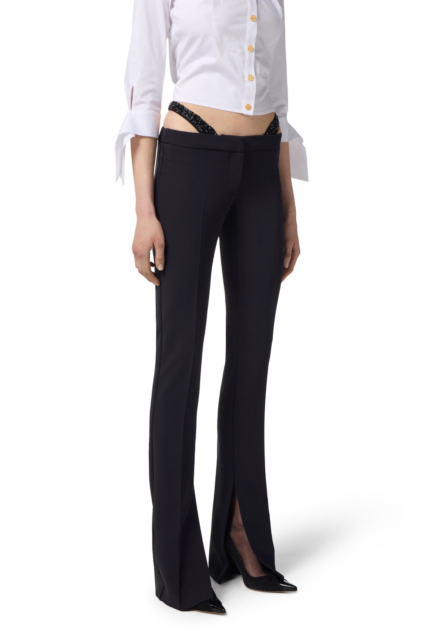 Trousers in lightweight crêpe fabric with crystals