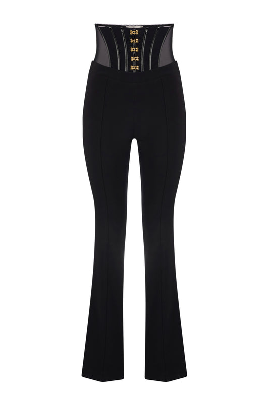 Trousers in lightweight crêpe fabric with jewel clasps