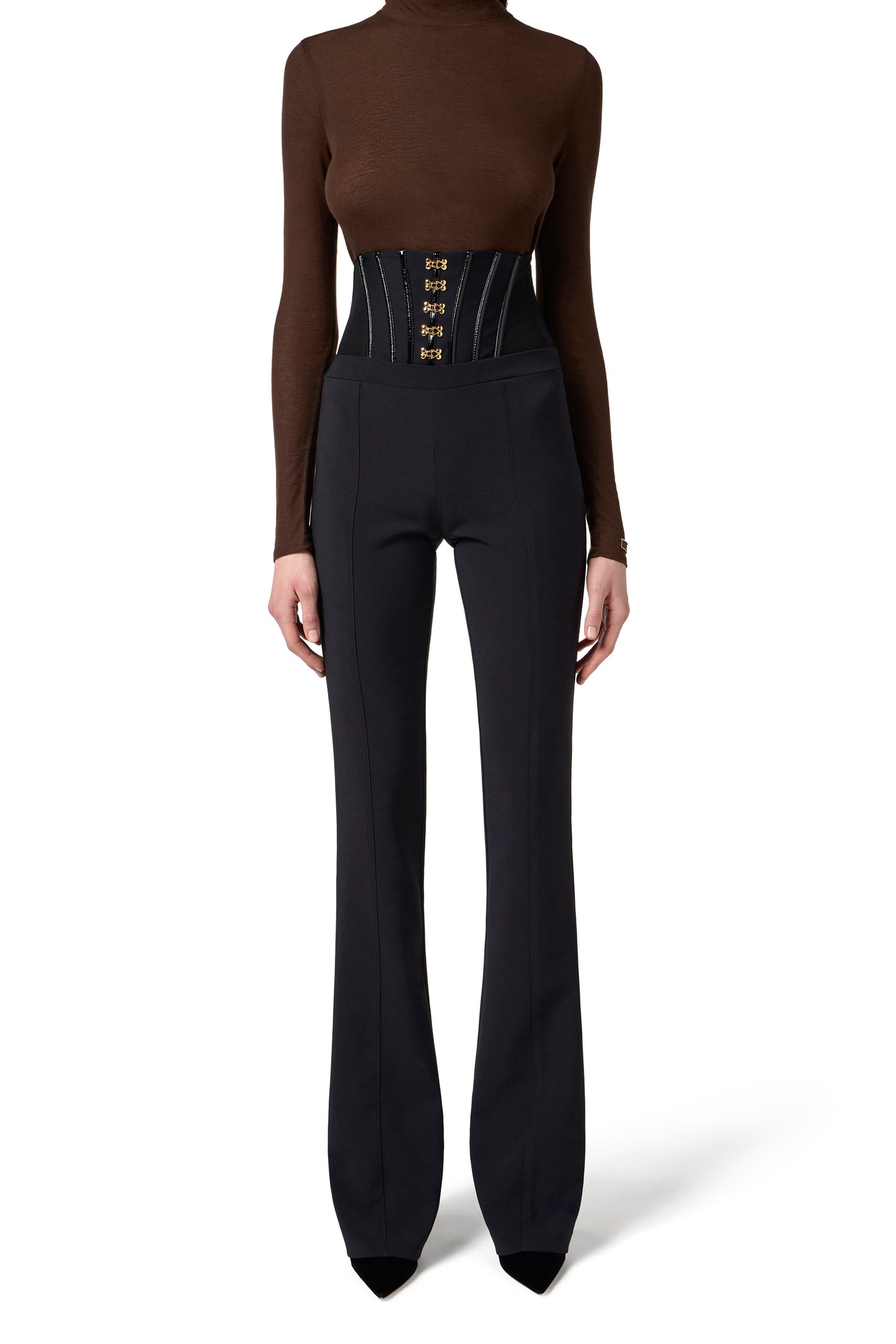 Trousers in lightweight crêpe fabric with jewel clasps