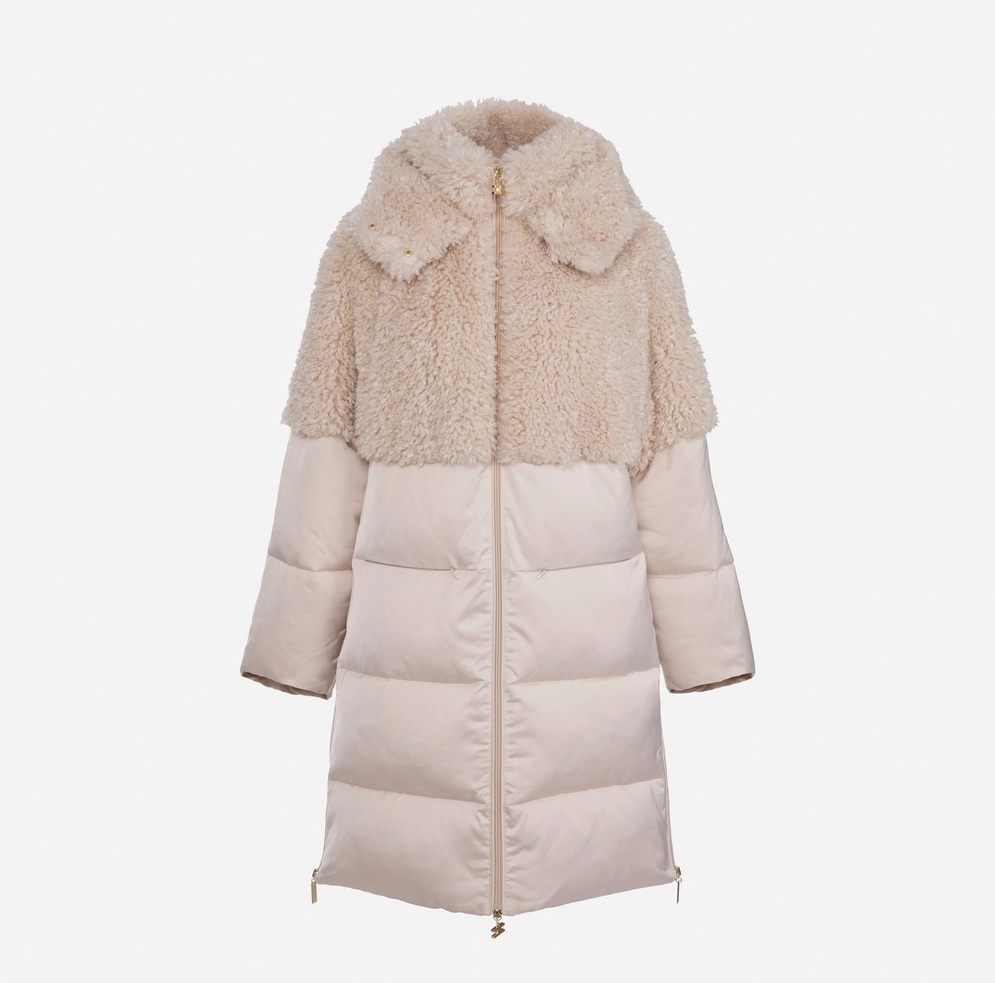 Oversized down jacket in satin voile with faux fur