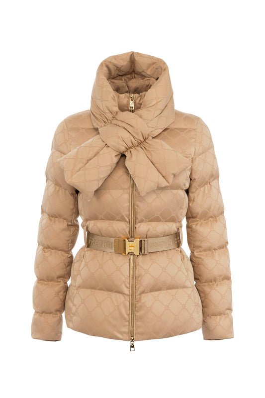 Down jacket in jacquard voile fabric with belt