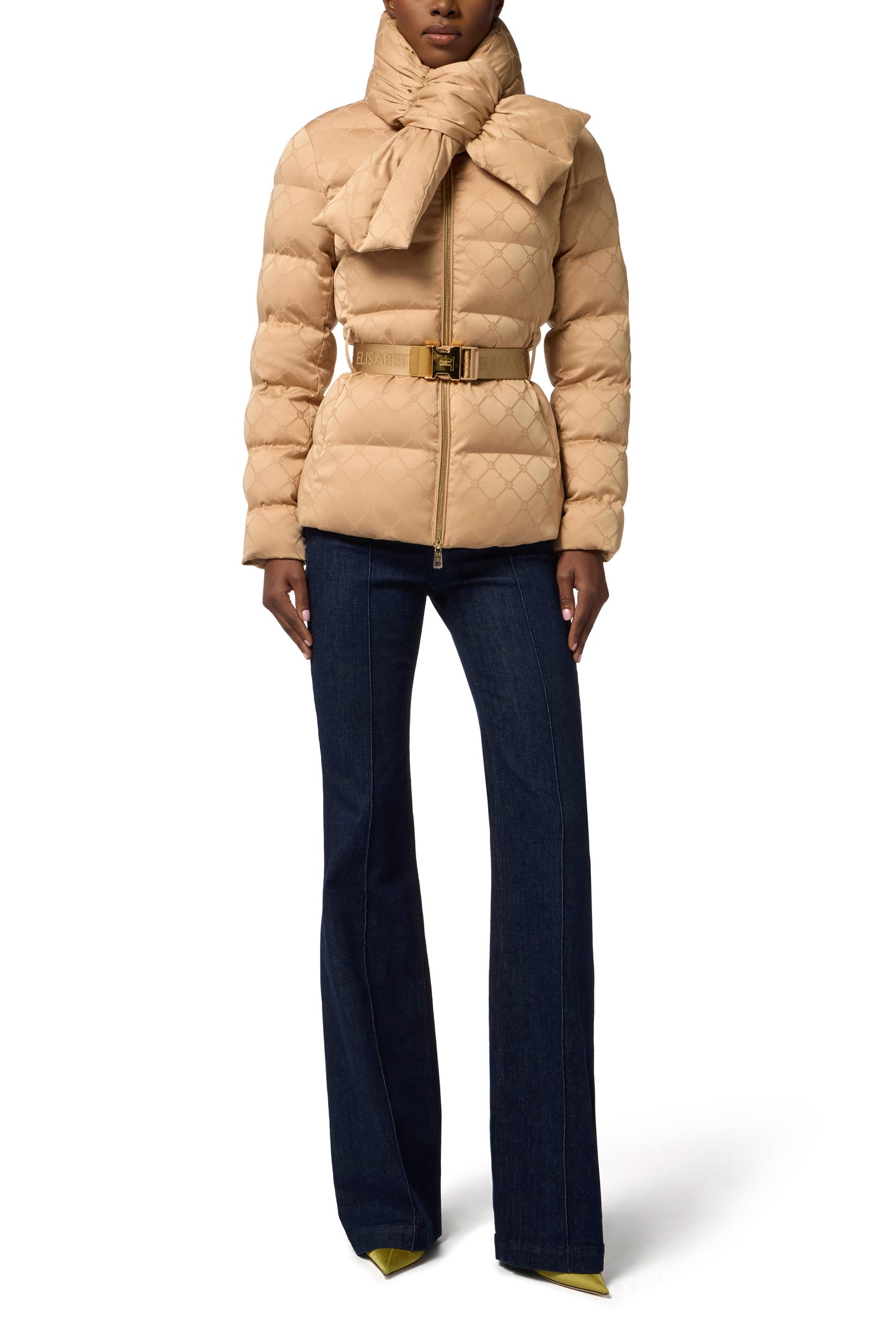 Down jacket in jacquard voile fabric with belt