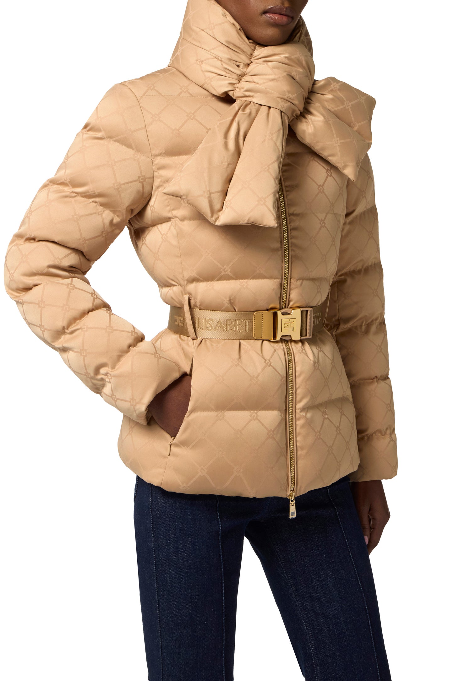 Down jacket in jacquard voile fabric with belt