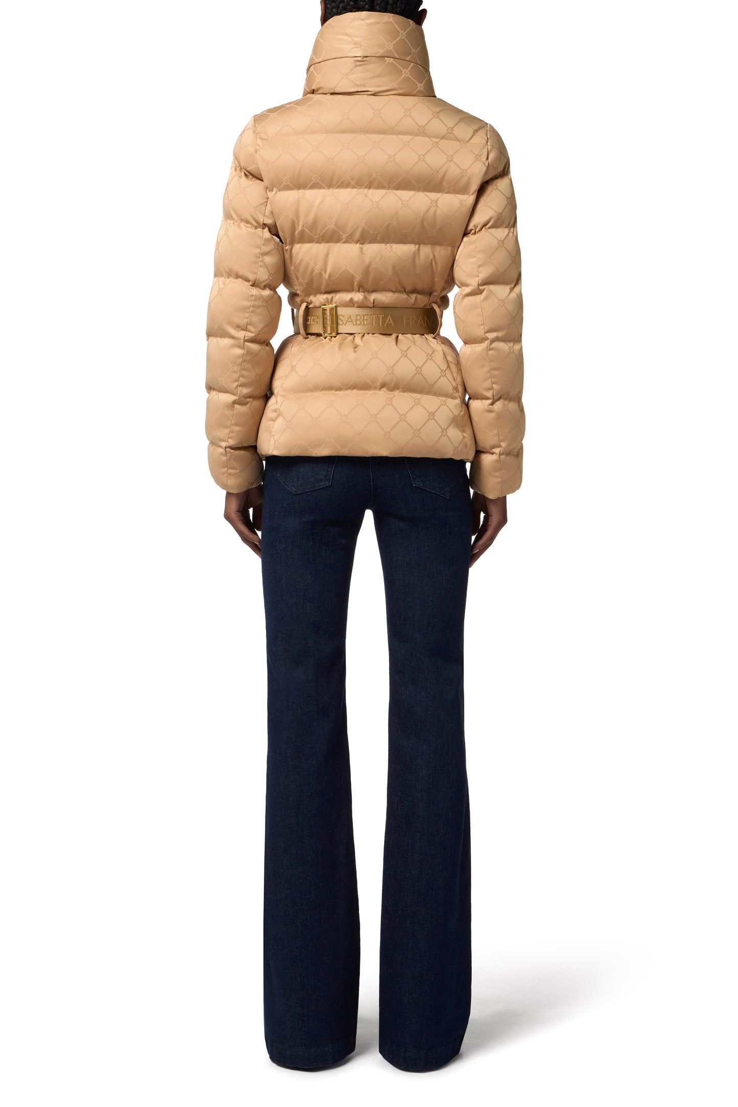 Down jacket in jacquard voile fabric with belt