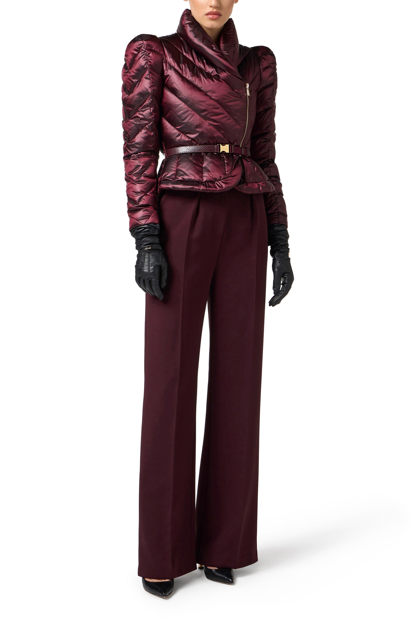 Down jacket in voile fabric with peplum
