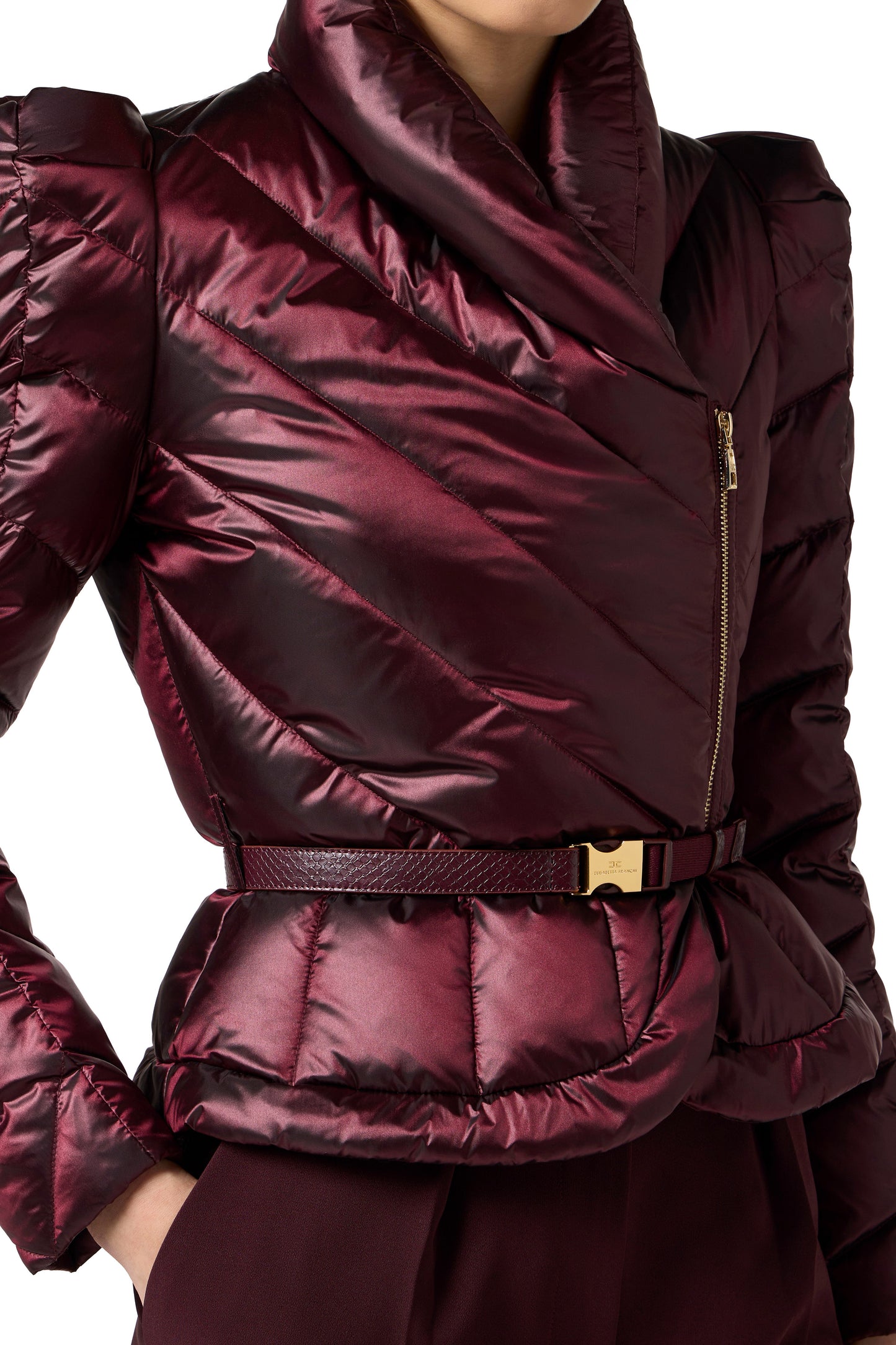 Down jacket in voile fabric with peplum