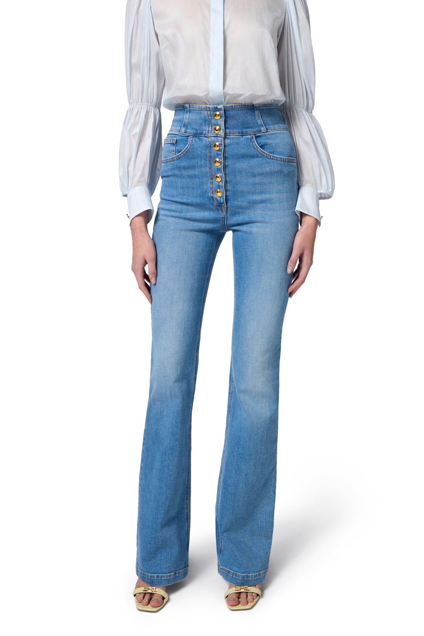 High-waist jeans with logo buttons