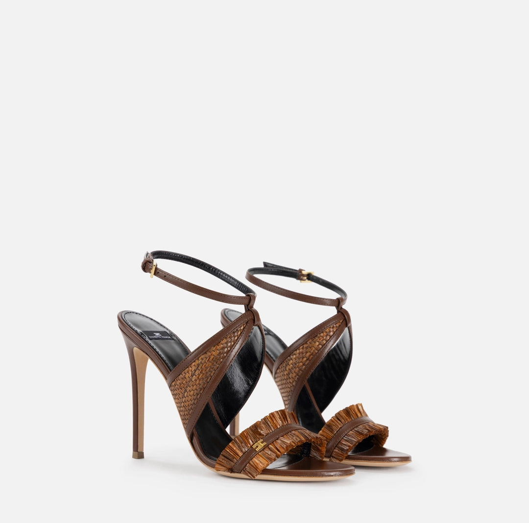 Nappa leather and raffia sandals with logo detail