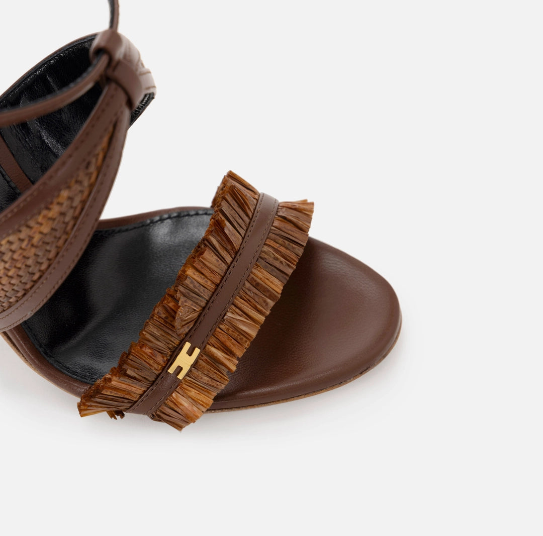 Nappa leather and raffia sandals with logo detail
