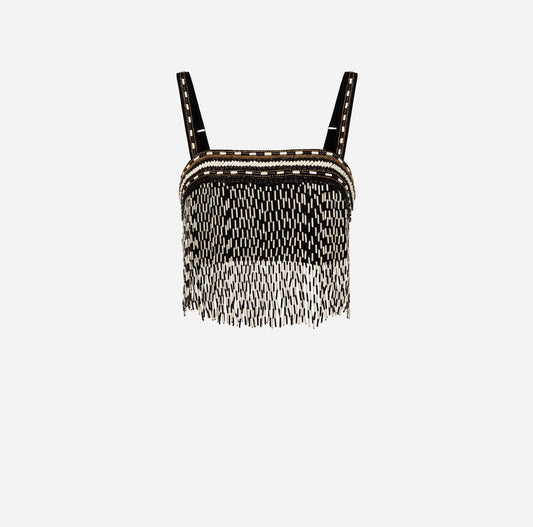 Top with ethnic embroidery and two-tone fringe