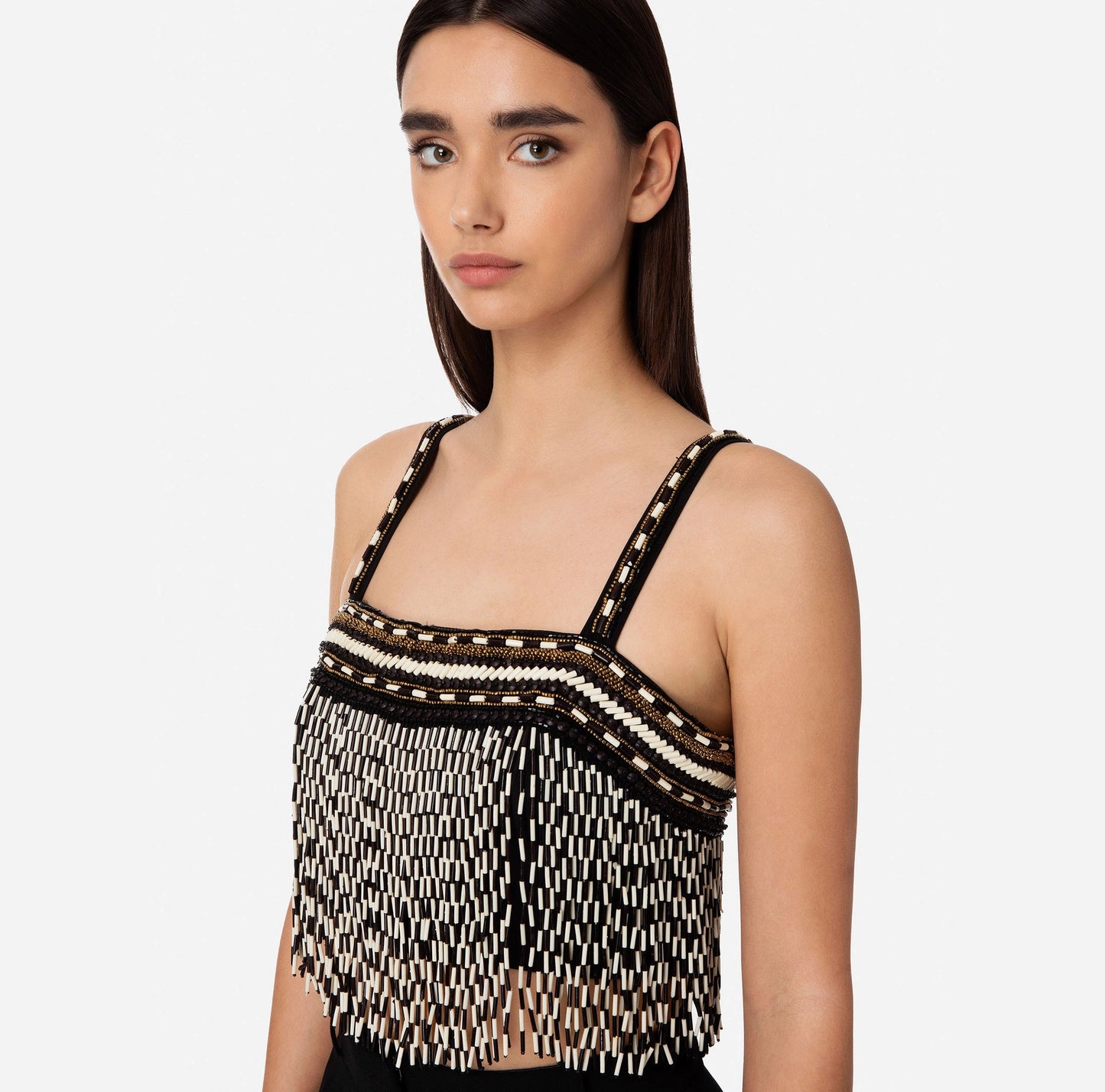 Top with ethnic embroidery and two-tone fringe