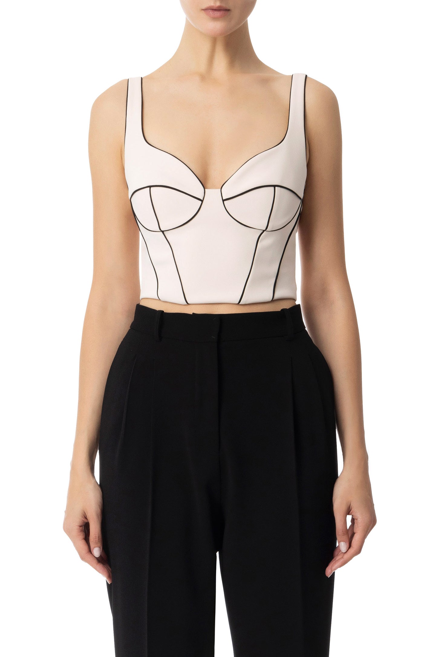 Women's bustier featuring a cream-colored base with black profiles