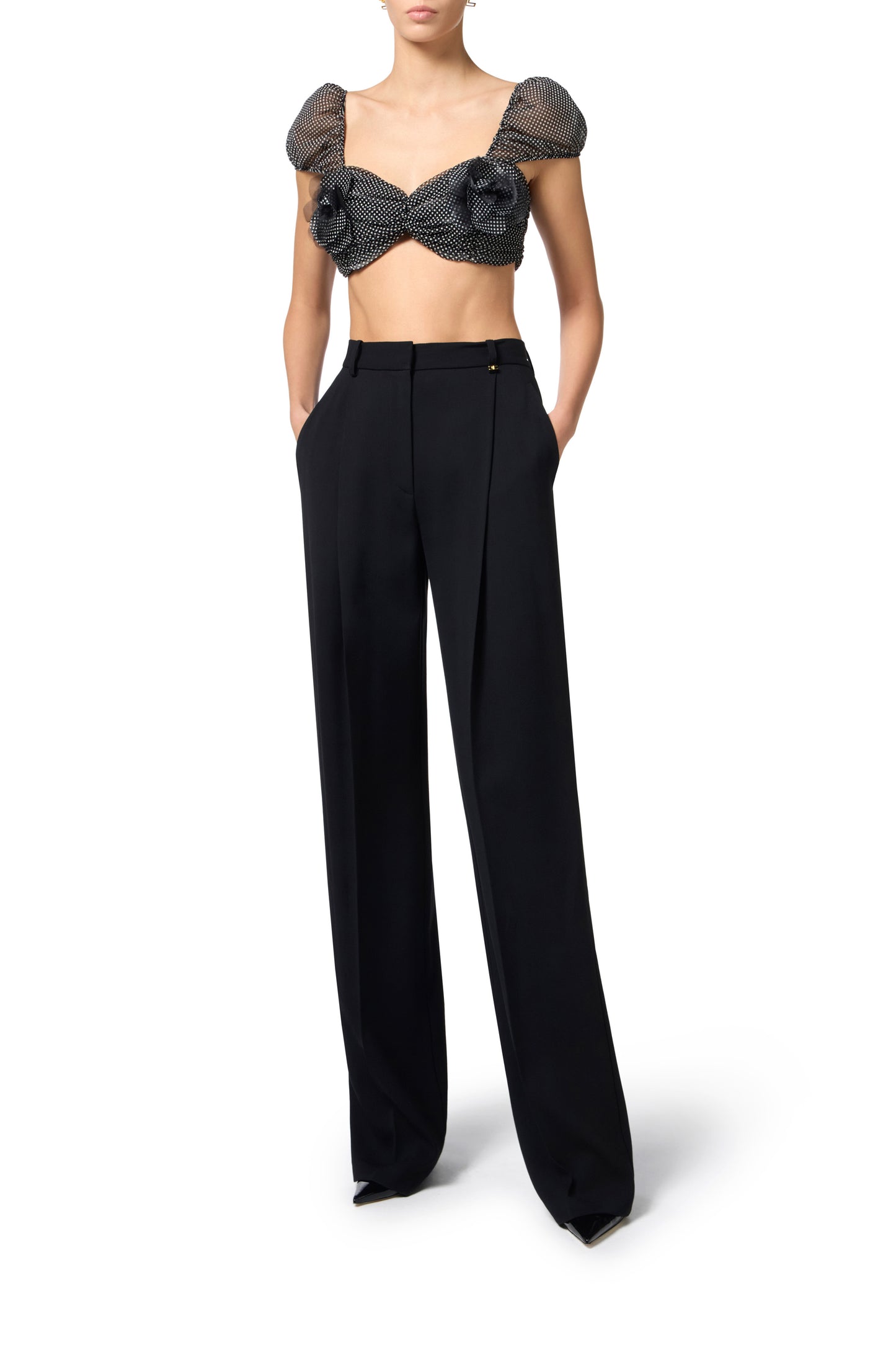 Top in tulle fabric with polka dot print and embroidered flower