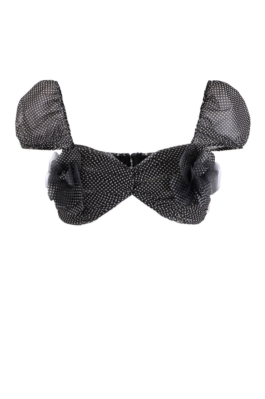 Top in tulle fabric with polka dot print and embroidered flower