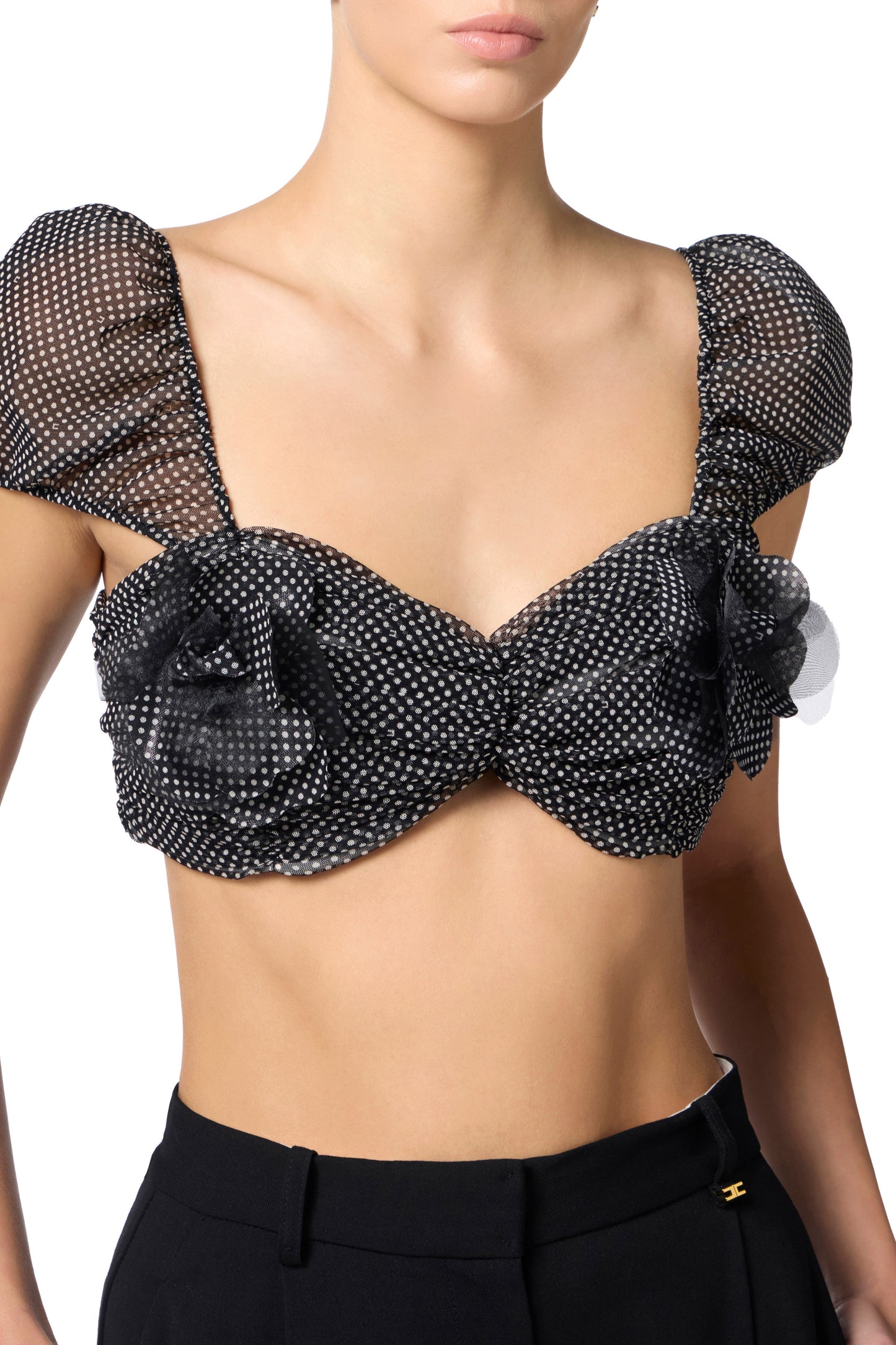 Top in tulle fabric with polka dot print and embroidered flower