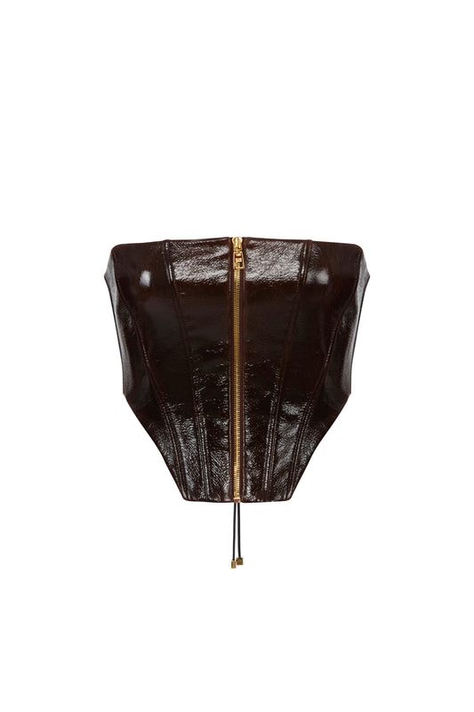 Bustier top in coated cloth fabric with zip