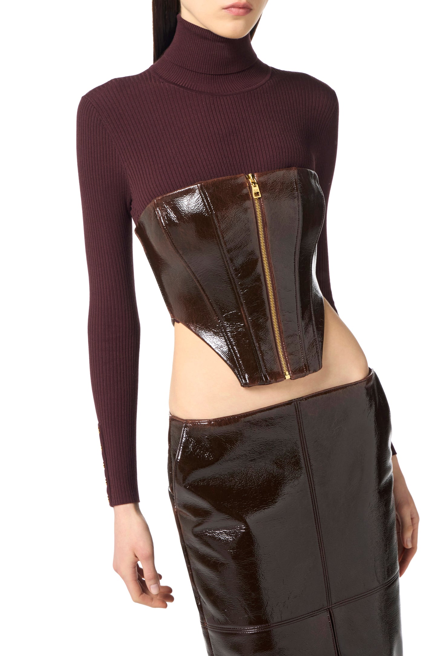 Bustier top in coated cloth fabric with zip