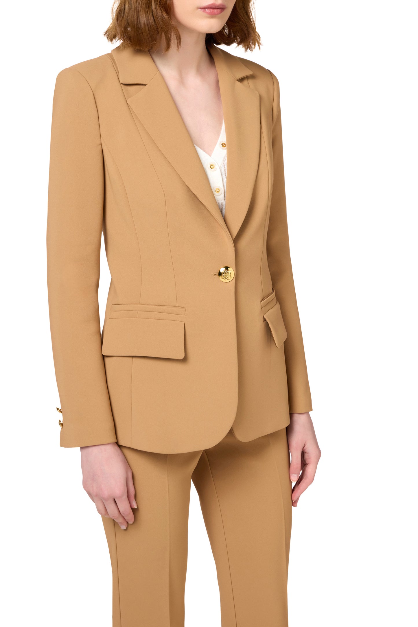 Stretch crêpe suit with fitted jacket and straight trousers