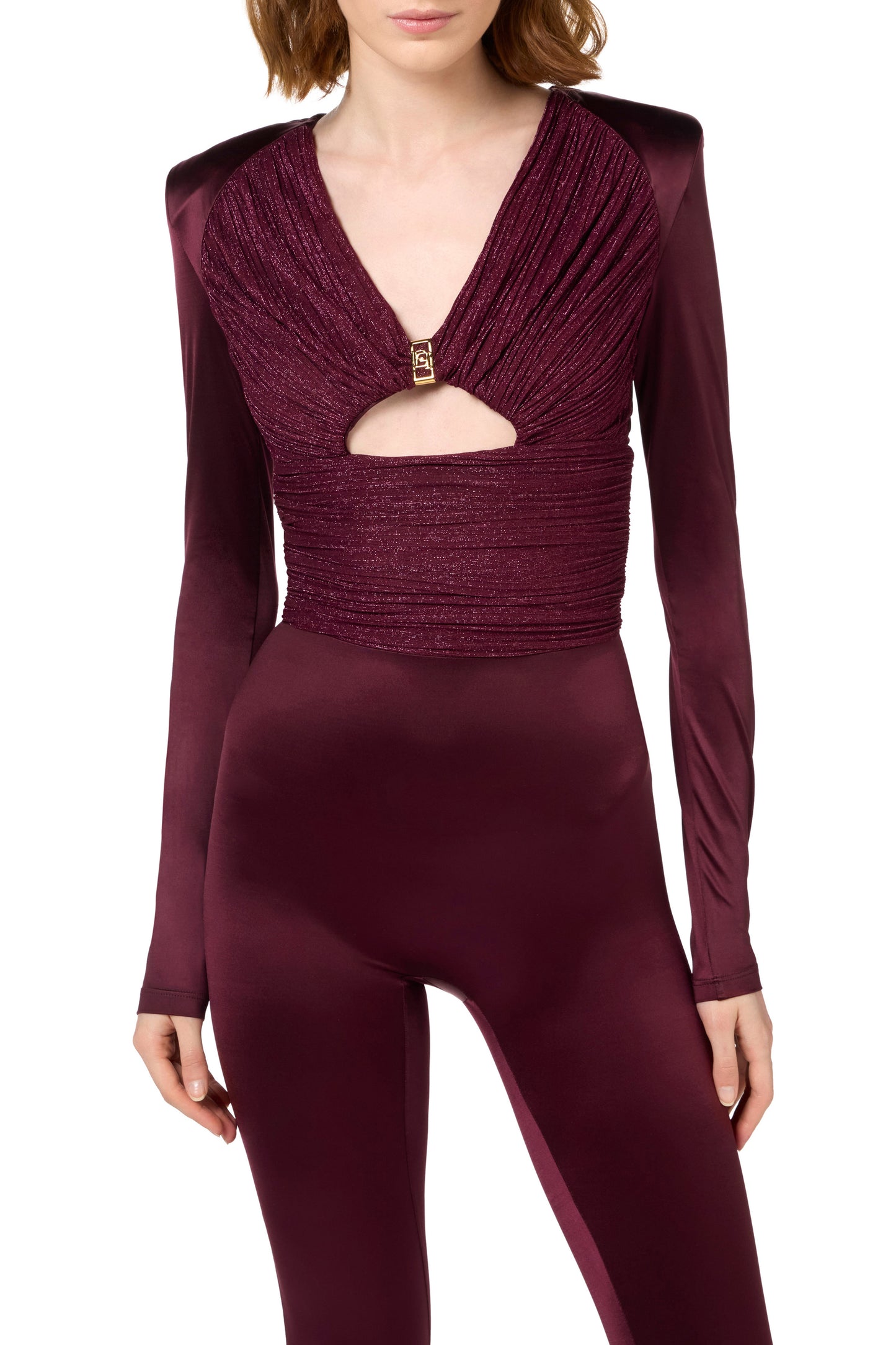 Shiny Lycra jumpsuit with pleated inserts