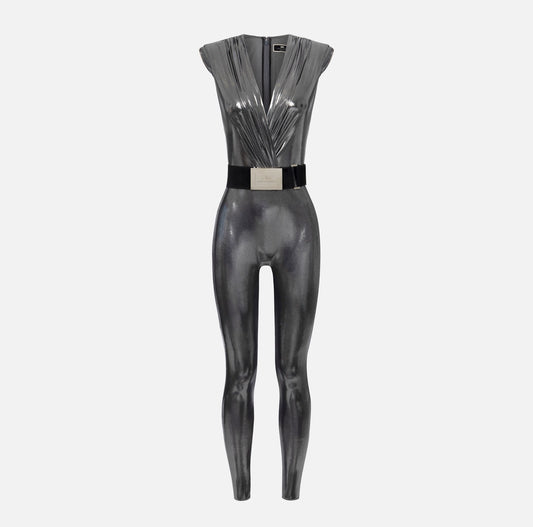 Laminated jersey jumpsuit with belt