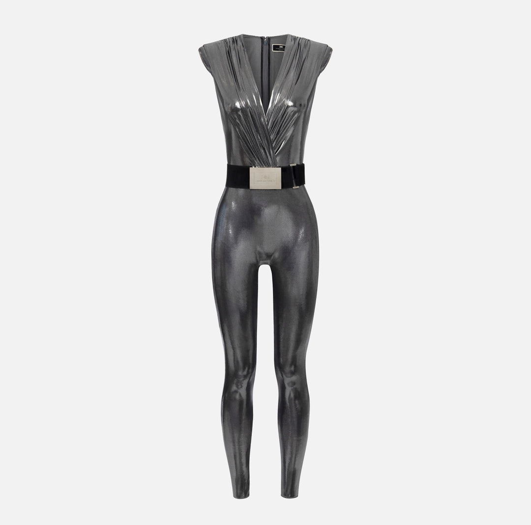 Laminated jersey jumpsuit with belt