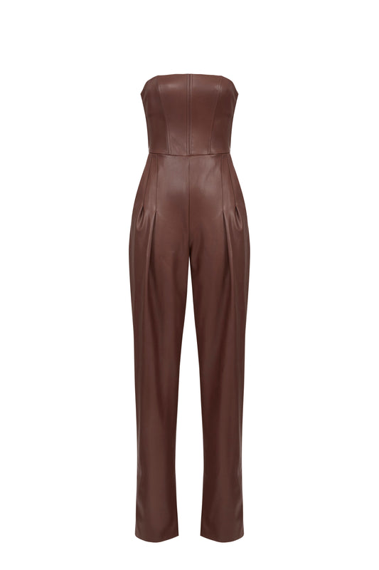 Bustier jumpsuit with nappa leather texture