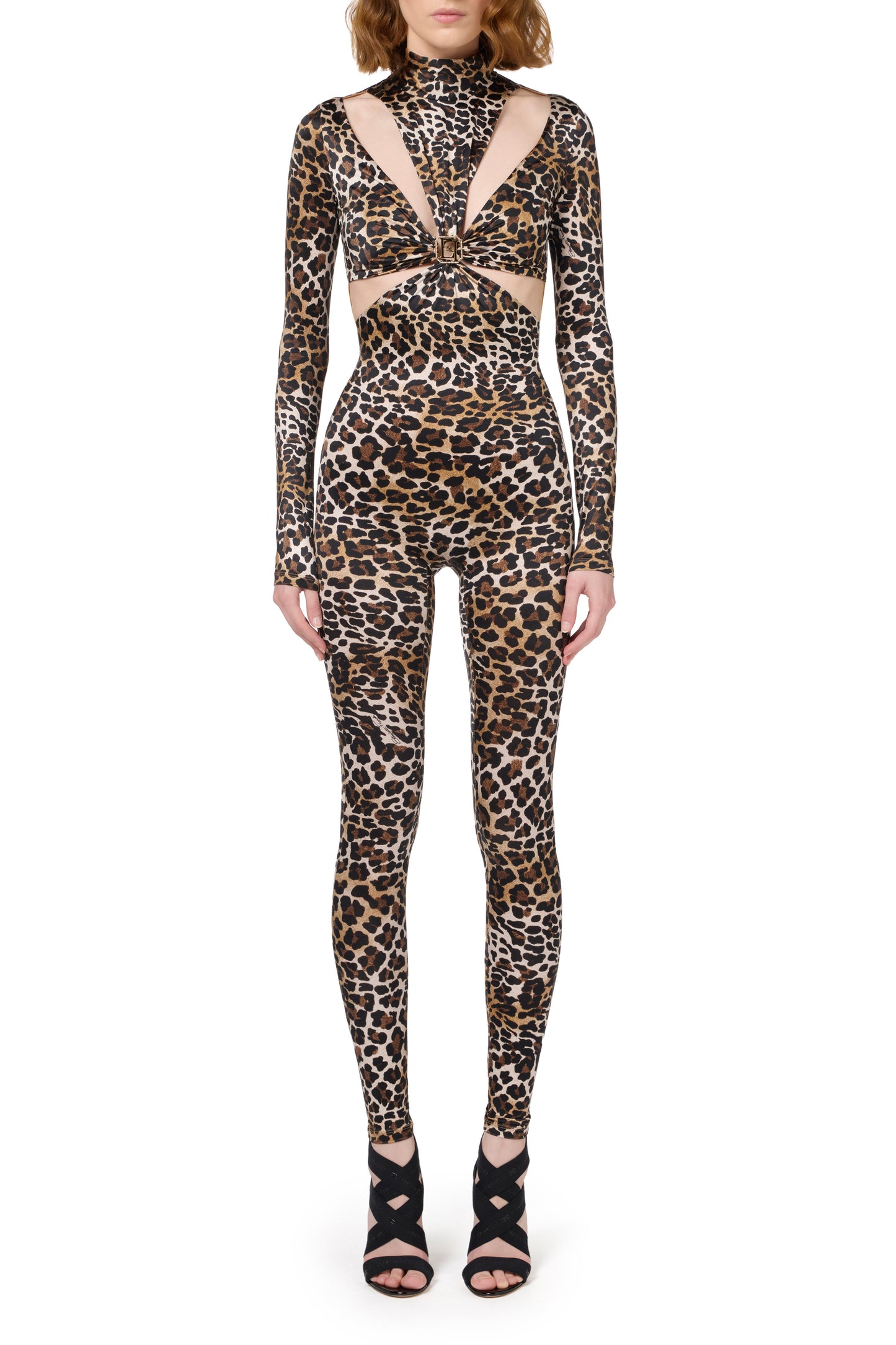Animalier print Lycra jumpsuit with cut-out pattern and logo accessory