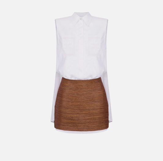 Cotton and raffia poplin dress with openwork embroideries