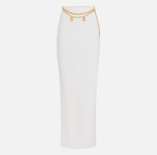 Lightweight crepe long skirt with chain