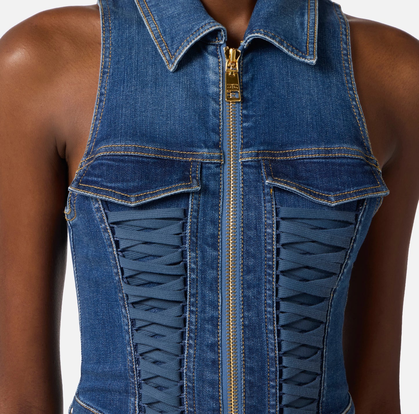 Denim jumpsuit with crossover laces