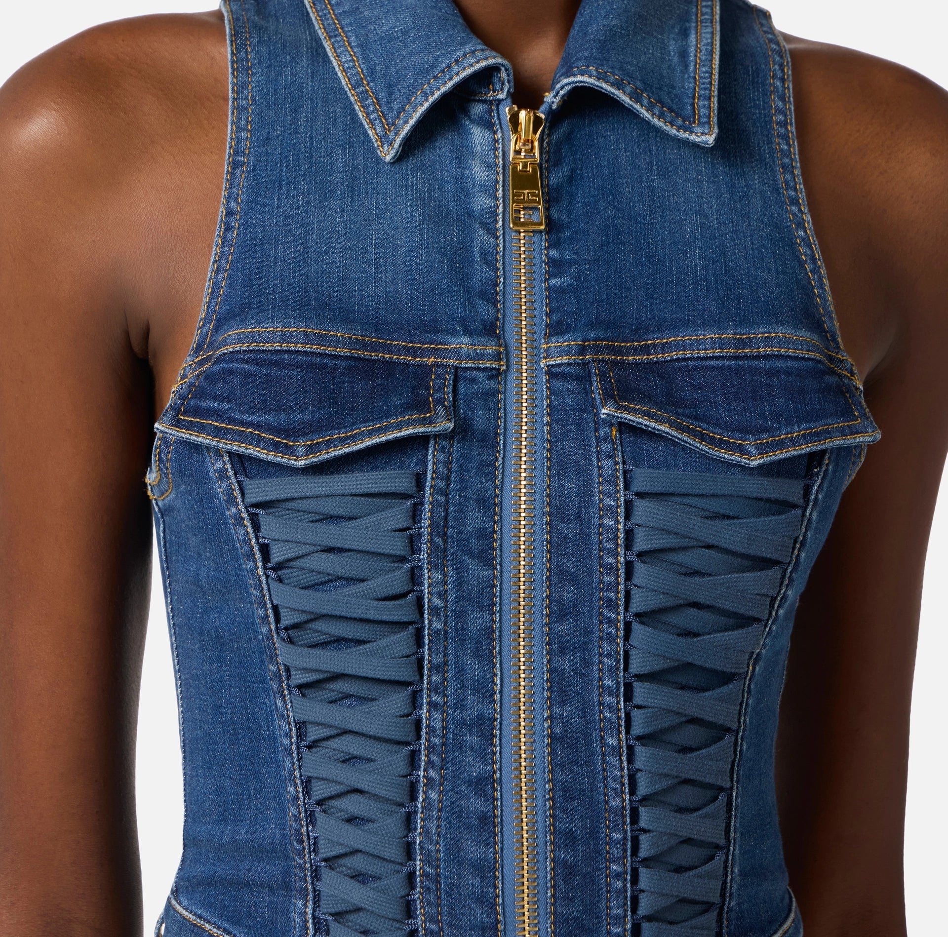Denim jumpsuit with crossover laces