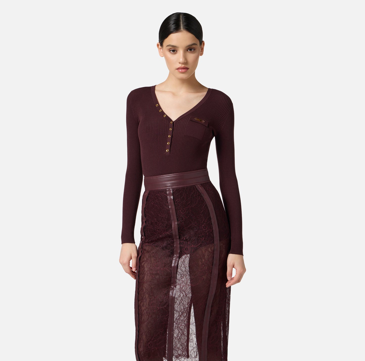Ribbed knit top with breast pocket