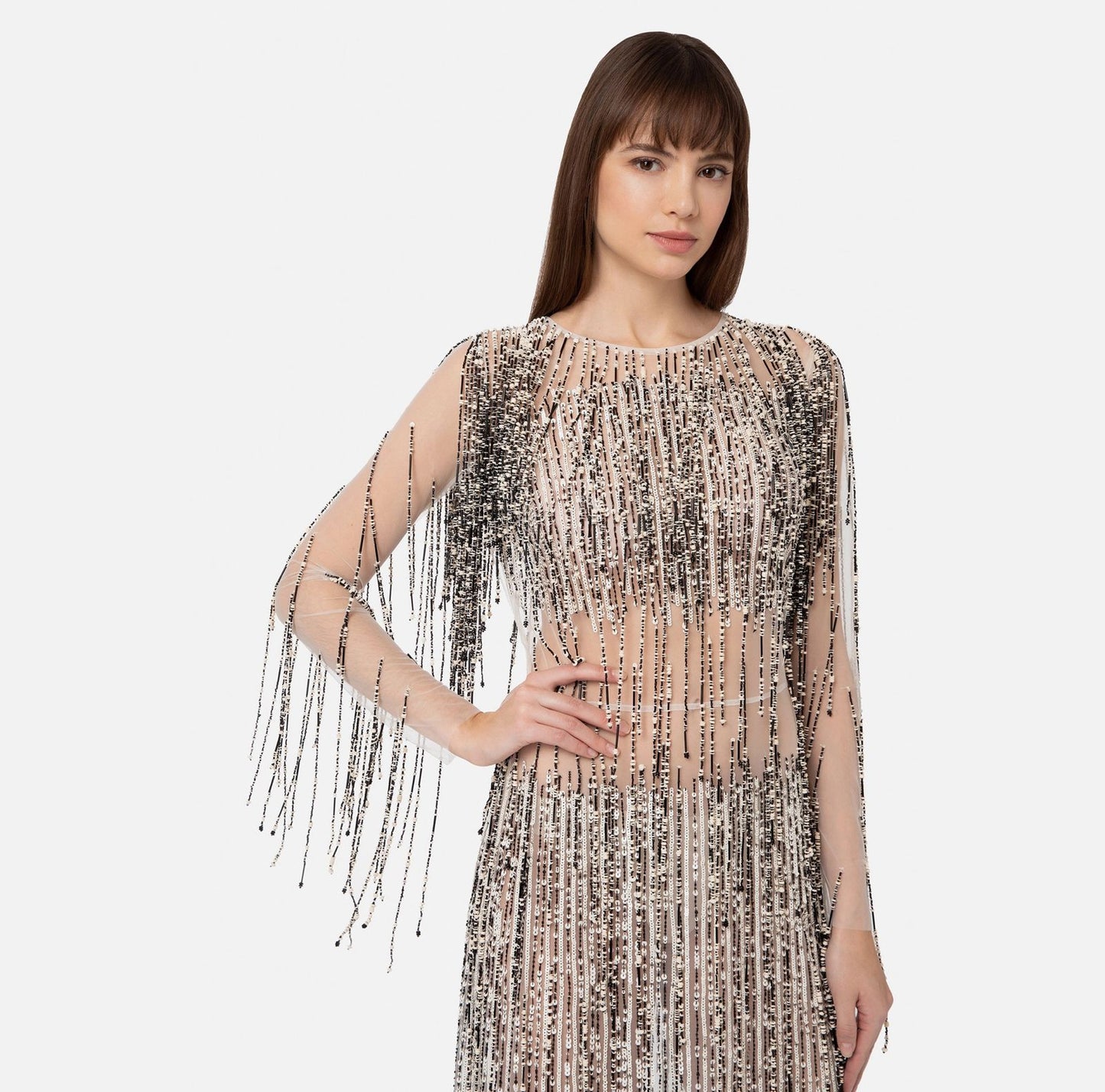 Red carpet dress with two-tone fringes