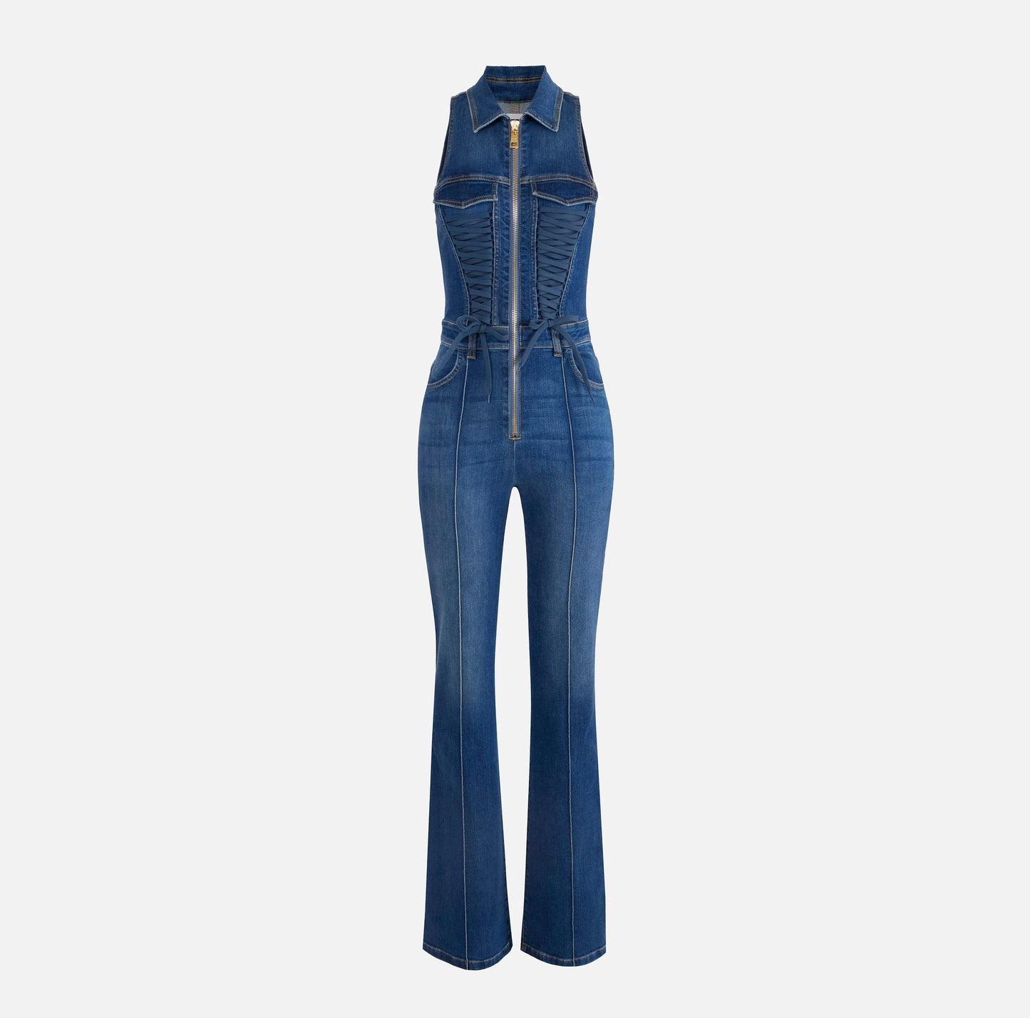 Denim jumpsuit with crossover laces